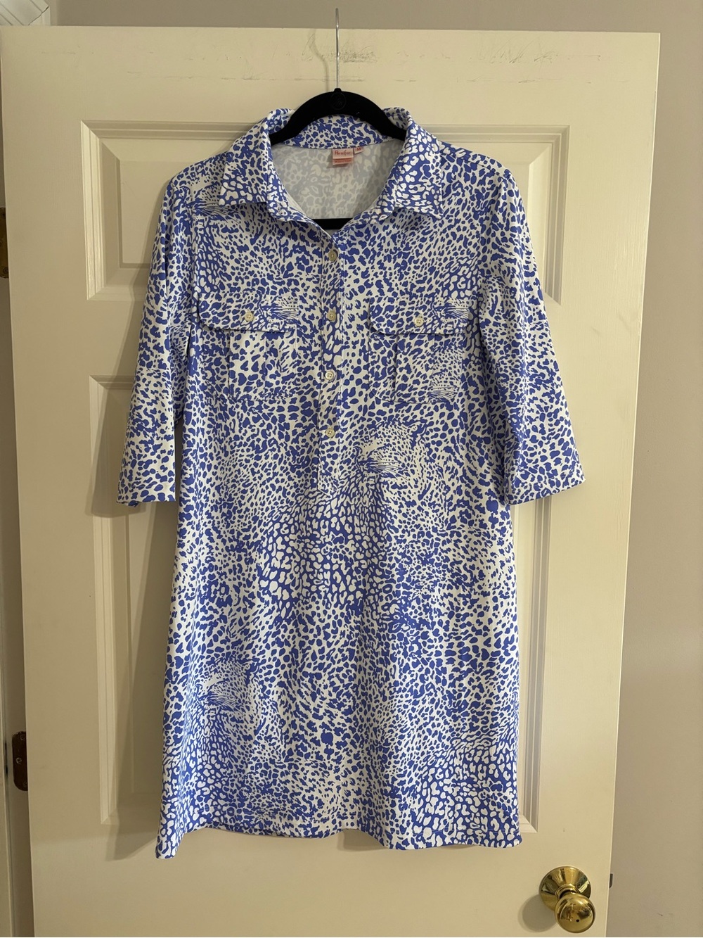 Blue and White Printed Midi Shirt Dress with Collar and Pockets